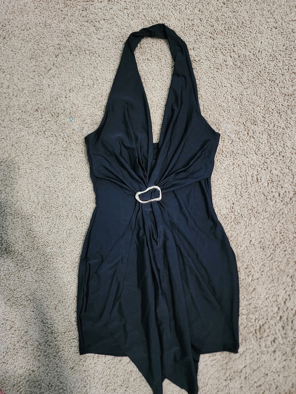 Windsor Black Halter Mini Dress with Front Ring Detail